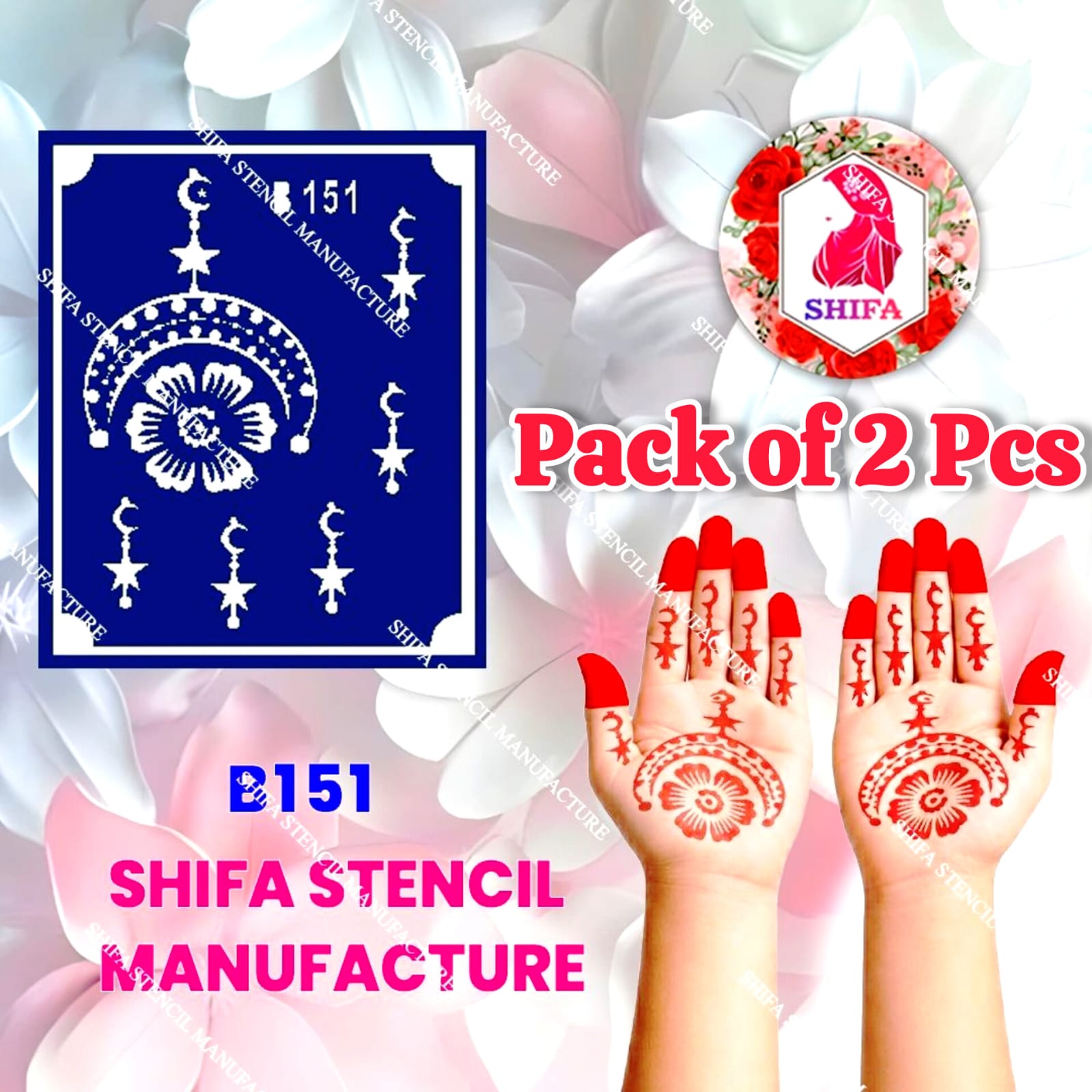 B151 (age 5 to 10) Crescent Star Blossom Charm Double Hand Henna Stencil - Shifa Stencil